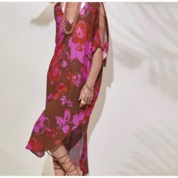 CAbi Other - Y Cabi Pink & Red Tahitian Summer Swim Oversized Slit Beachy Coverup Dress